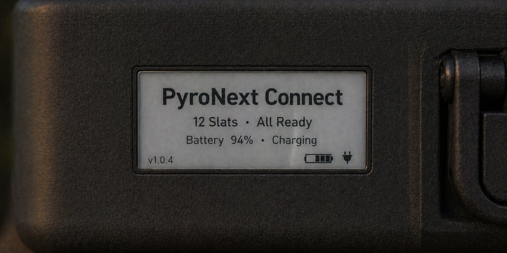 PyroNext Connect E-Ink display close-up showing 12 slats all ready and battery 94% charging