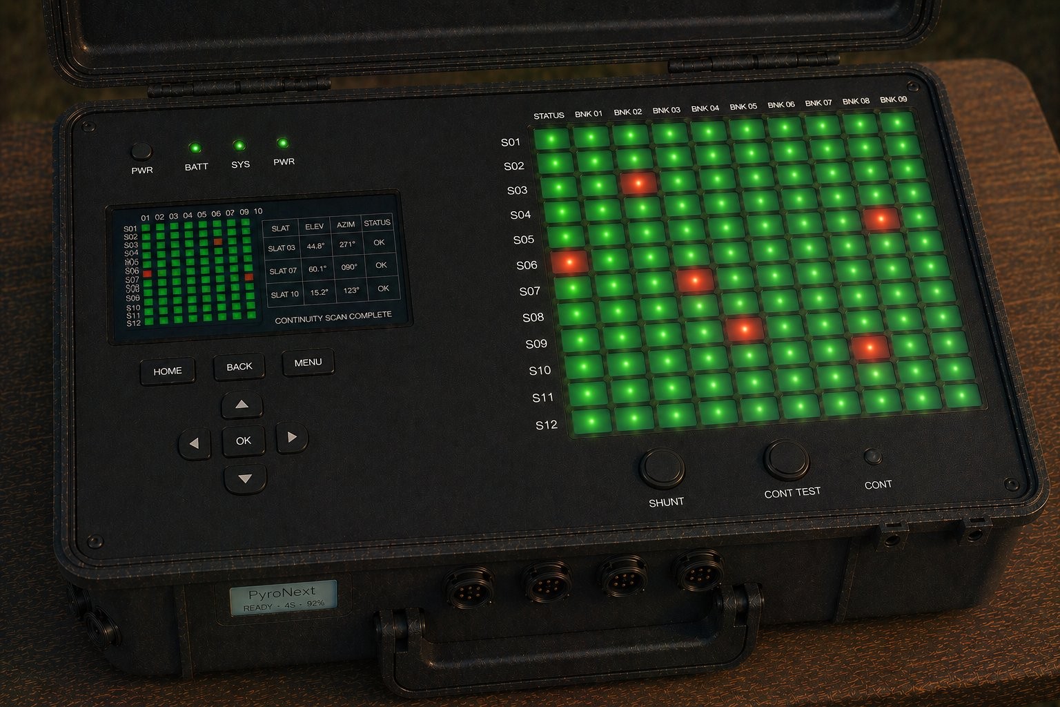 PyroNext Connect Module lid open — 108-channel LED matrix glowing green with live continuity status